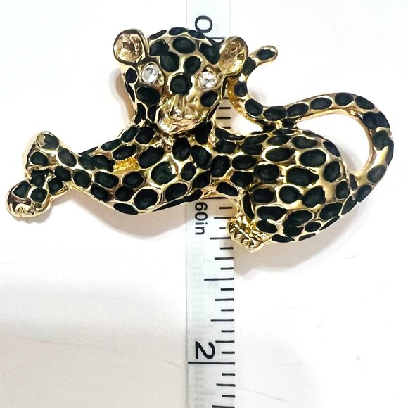 Gold & Black Leopard Spots Cat Beast Kitten Brooch Rhinestone Accents 2.25" - Picture 4 of 6